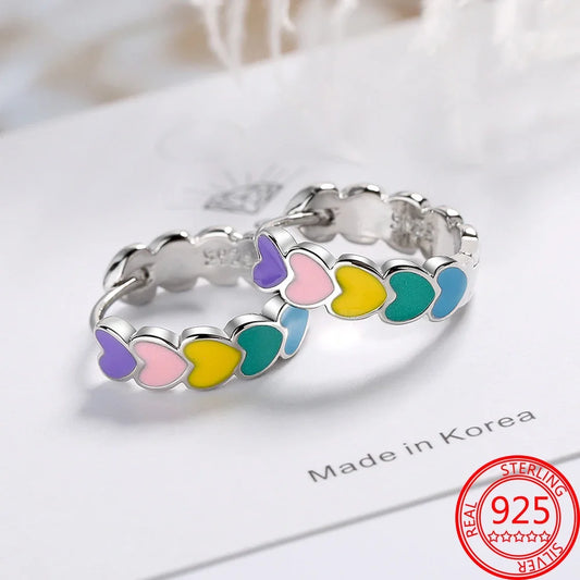 Romantic Heart Shapen Girl Earrings 925 Silver Rainbow Heart Hoop Earring Silver Jewelry Gift