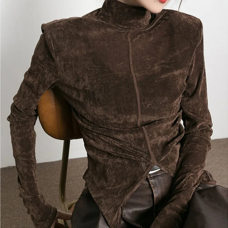 Turtleneck Tshirts Women Front Side-slit Solid Color Soft Female Long Sleeve Tops Leisure Tees Autumn All-match Irregular Slim
