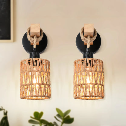 Rattan Wall Sconces Set of Two,Wall Lights with Dimmable, Boho Wall Mount Light Fixtures, Wicker Wall lamp  for Bedroom Nursery
