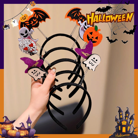 Halloween wig cap for girls featuring festive decorations like bats and pumpkins