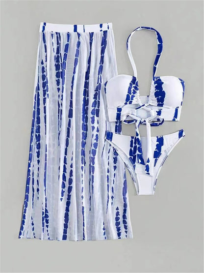 3 Pieces Tie Dye Cross Bikini 2025 Women Sexy Halter Swimsuit & Cover Up Pants Swimwear Bathers Bathing Swimming Suit Beachwear