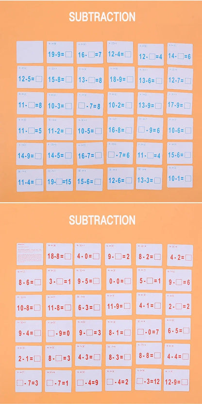 Mathematical Math Learning Tool Montessori Training Math Erasable Add Subtract Multiply and Division Table Cards Seheck for Kids