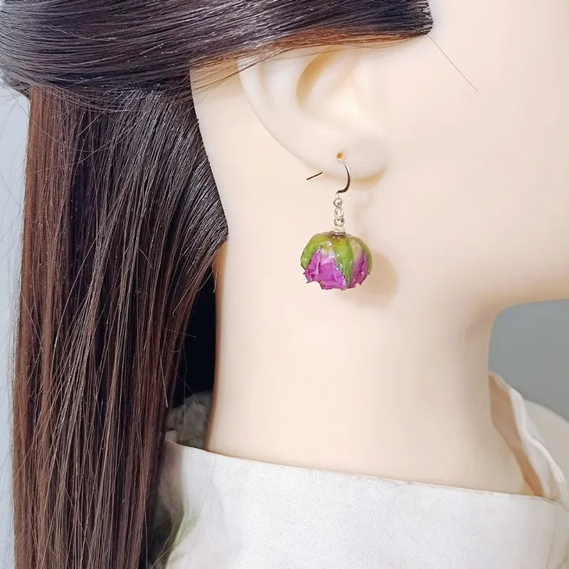 Unique Immortal Flower Earrings Elegant Natural Flower Pearl Drop Earrings Statement Jewelry Epoxy Resin Real Rose Earring 2024