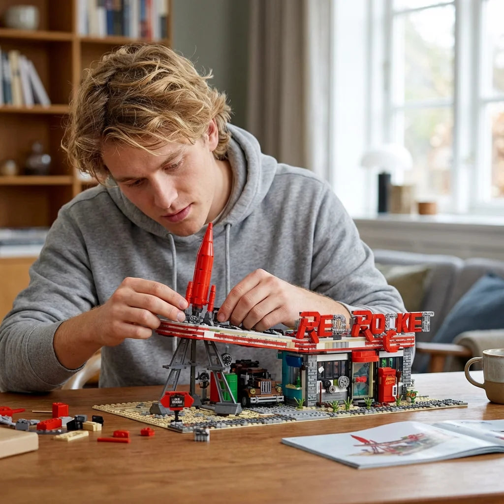 Movie Game Red Abandoned Gas Station Architecture Doomsday MOC House Modular Building Blocks Model Kit Adult Kid Gift 2221PCS