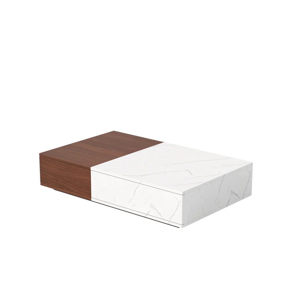 EtherealBe modern walnut coffee table with a sleek white marble top for contemporary living spaces