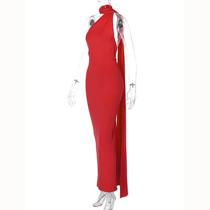 Hugcitar One Shoulder Backless Adjustable Scarf Loop Ruched Sexy Maxi Dress 2025 Women Elegant Y2K Streetwear Festival Outfit