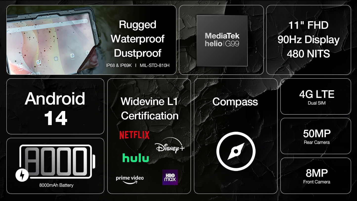 AGM P2 Active 11" FHD Rugged Tablet, IP68 Waterproof/Dustproof, 8GB RAM+256GB, Android 14, G99, Widevine L1 P2W Durable Pad