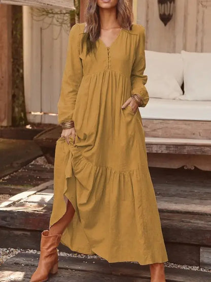 Autumn Winter Women's Clothing New Fashion Solid Color Button Cotton Linen Retro Casual Long Sleeved Dress Big Swing Long Skirt
