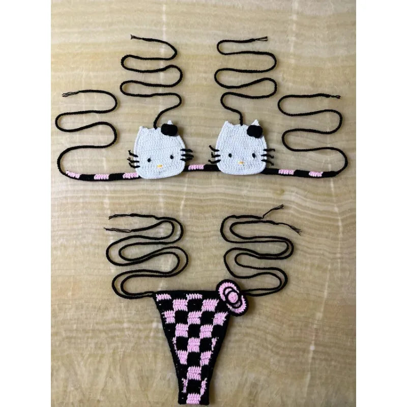 Cute Crochet Bikini Set 2 Pieces Lady's Bathing Suits Sexy Micro Bikinis Ties Swimsuit Thong Swimwear Kwaii Womens Swimming Suit