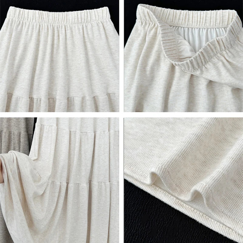 Autumn Casual Knit Pleated Skirt for Women Elegant Solid Color A Line Long Skirts Korean Streetwear High Waist Patchwork Skirt