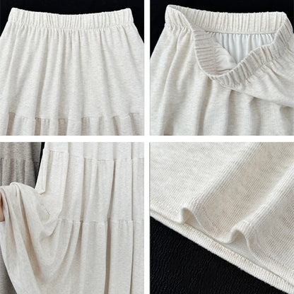 Autumn Casual Knit Pleated Skirt for Women Elegant Solid Color A Line Long Skirts Korean Streetwear High Waist Patchwork Skirt
