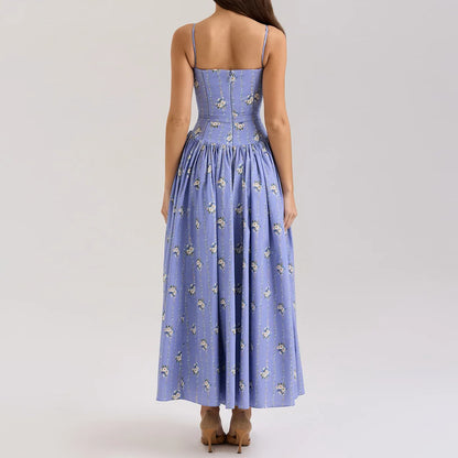 Mingmingxi Summer Floral Print Dress Elegant 2025 New Arrivals Spaghetti Strap Flare Dress Maxi Holiday Party Dresses Women