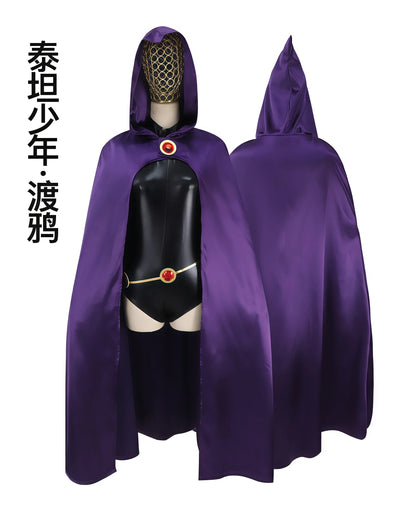 Raven Teen Titans cosplay costume for women featuring a purple hooded cape and sleek design