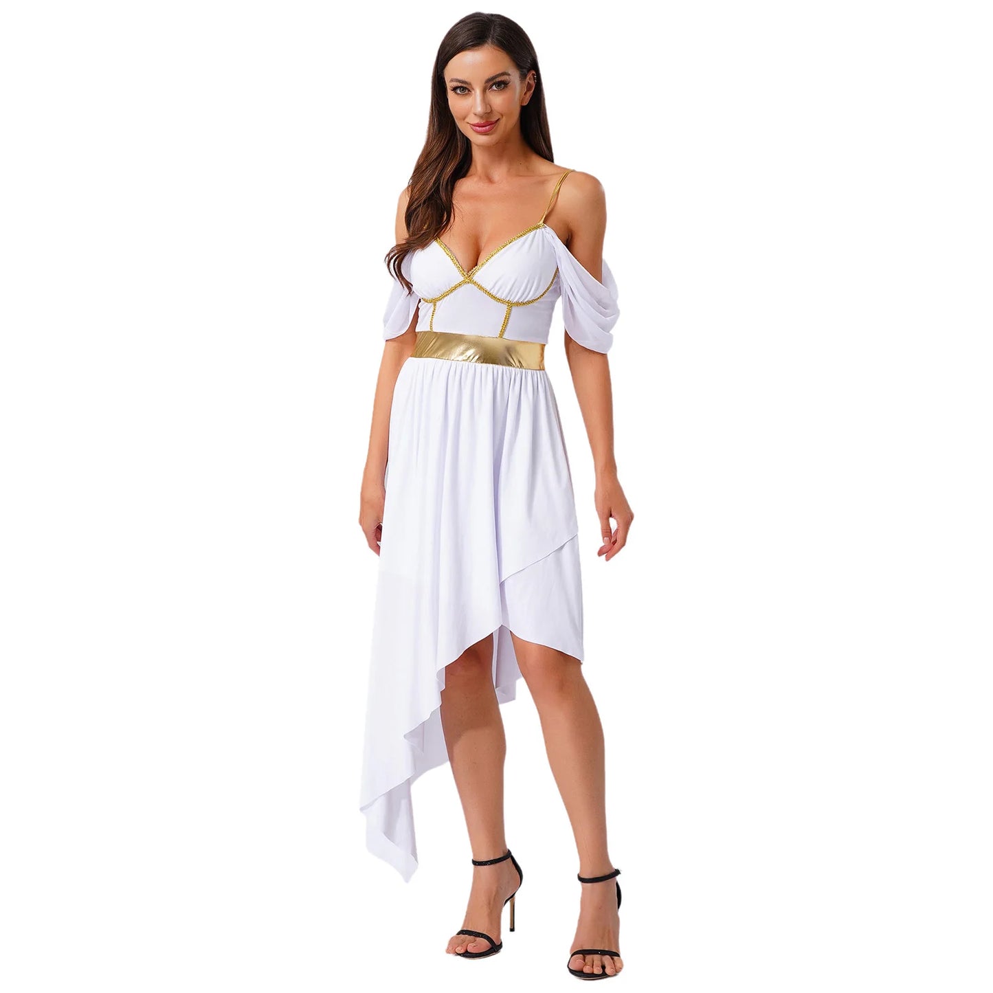 Womens Ancient Greek Costume Halloween Roman Queen Cosplay Dress Metallic Shiny Off Shoulder Sling Carnival Roleplay Dress Up