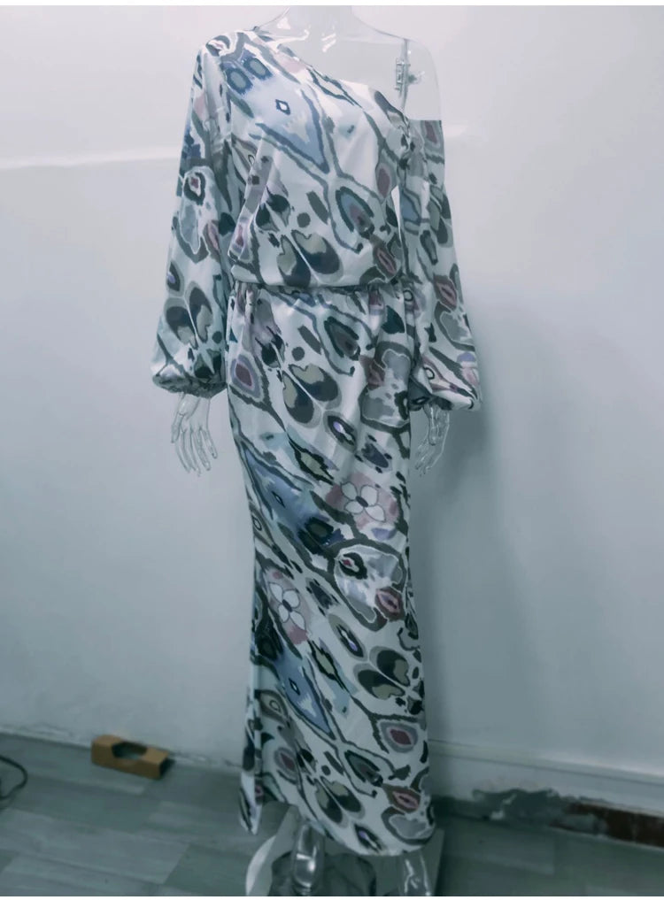 Autumn Casual Loose Print Two-piece Women Off Shoulder T-shirt Asymmetrical Long Sleeved Top And Half Body Fishtail Skirt Set