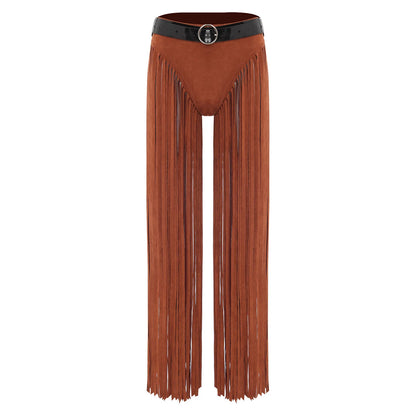 Womens Hippy Cosplay Costume High Waist Suede Underwear with Long Tassels And Belt Halloween Dress Up 70s Disco Costume