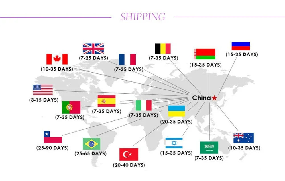 Map showing shipping times from China to various countries, including the USA and Canada