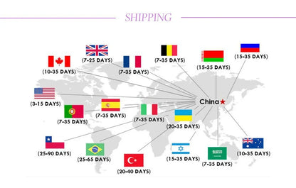 Map showing shipping times from China to various countries, including the USA and Canada