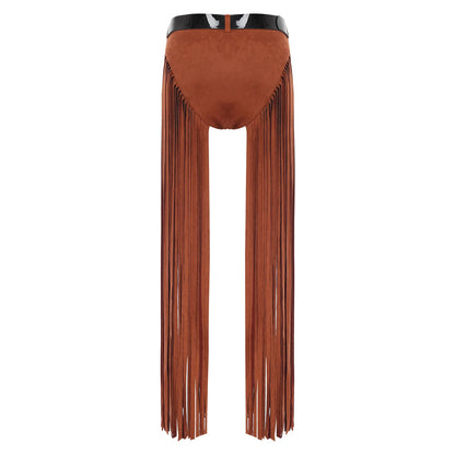 Womens Hippy Cosplay Costume High Waist Suede Underwear with Long Tassels And Belt Halloween Dress Up 70s Disco Costume
