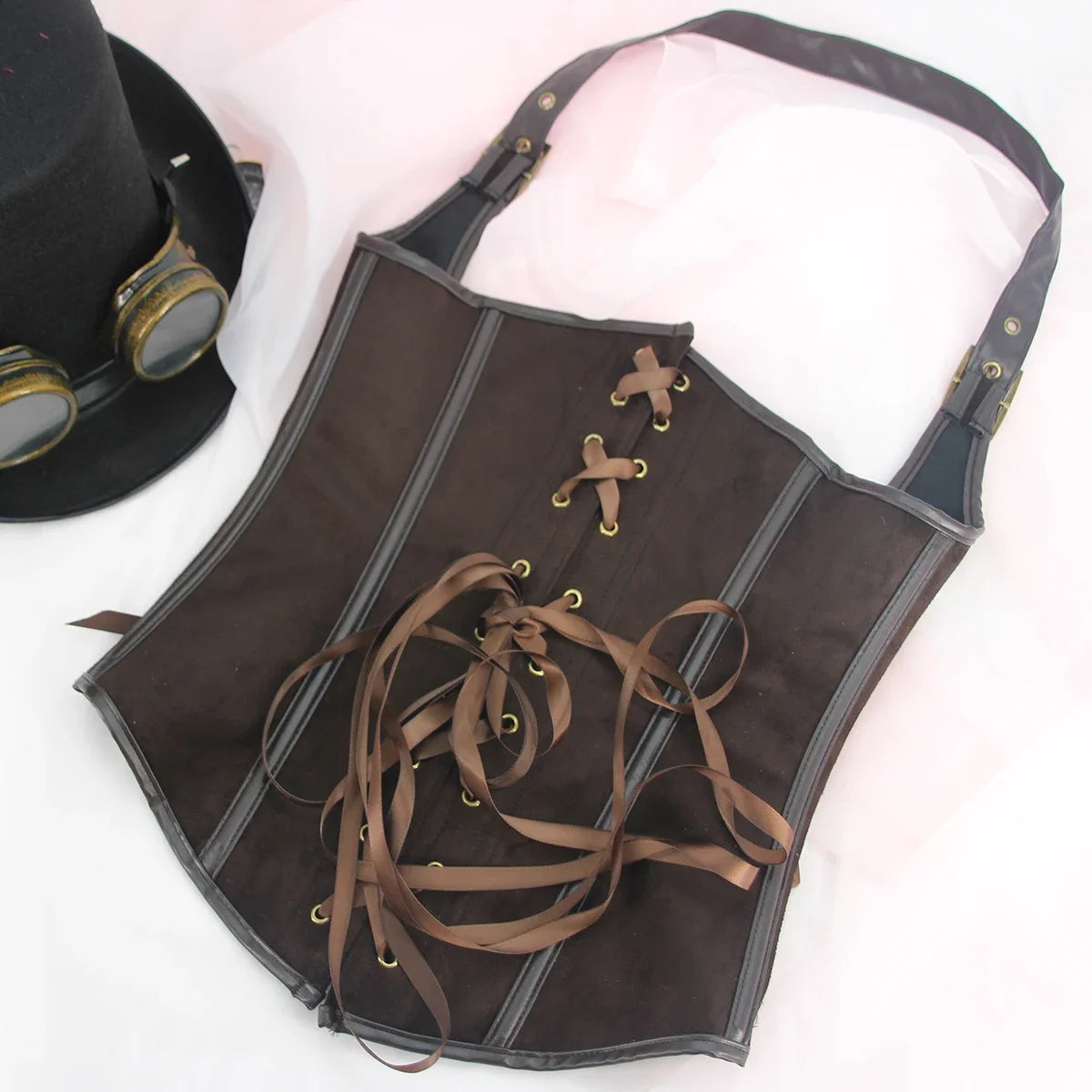 Brown Suede Corset Top with PU Leather Gothic Steampunk Bustier Lace Up Slim Waist Shapewear Women Halloween Cosplay Costume