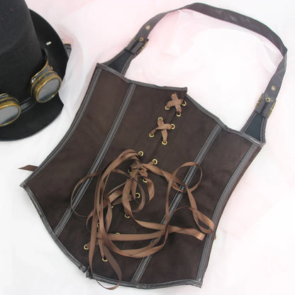 Brown Suede Corset Top with PU Leather Gothic Steampunk Bustier Lace Up Slim Waist Shapewear Women Halloween Cosplay Costume