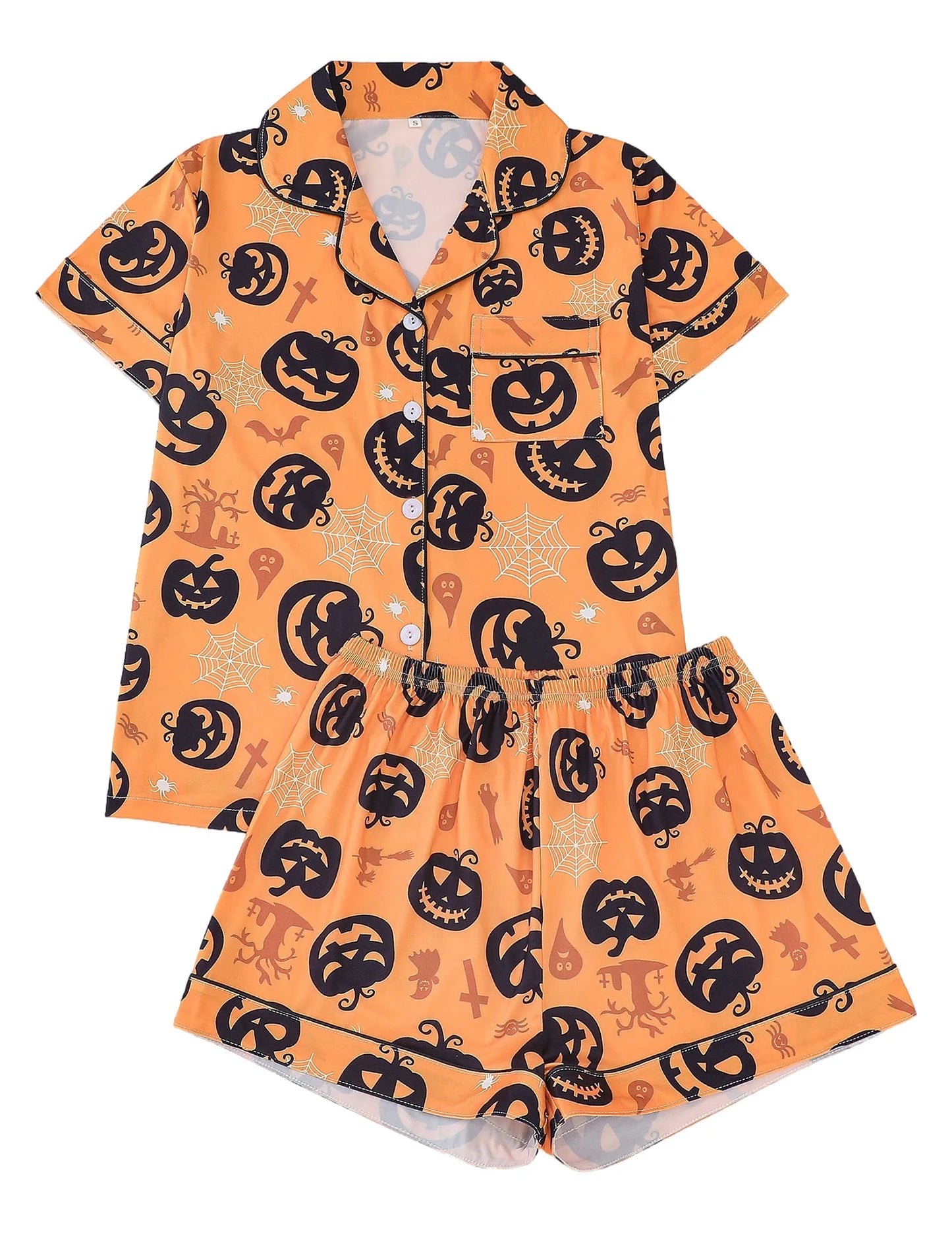 Women Halloween Pumpkin Bat Print Pajama Set,Breathable Lapel Loungewear Short-Sleeved Roll-Neck Shirt and Loose Shorts S-XXL