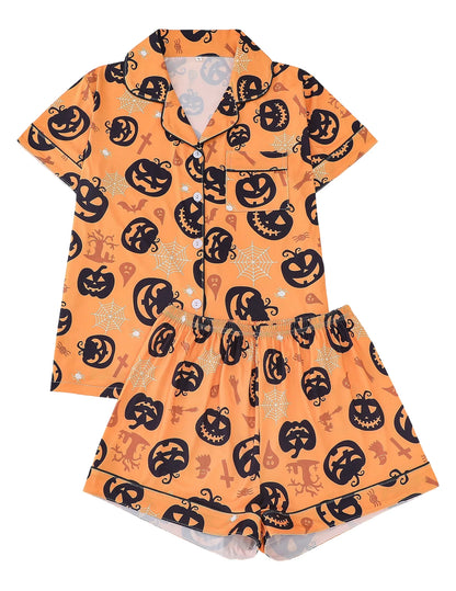 Women Halloween Pumpkin Bat Print Pajama Set,Breathable Lapel Loungewear Short-Sleeved Roll-Neck Shirt and Loose Shorts S-XXL