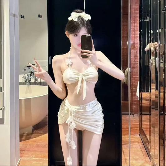 2026 Y2k Summer Cute Pink Sweet Patchwork Sets Cute Bow Design Sexy Lace-up Style Casual Bikini Swimsuit Beach Vaction Clothes