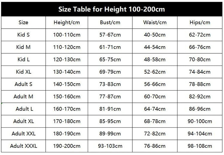 Size chart for Gwen Stacy cosplay costume for women with measurements for height, bust, waist, and hips