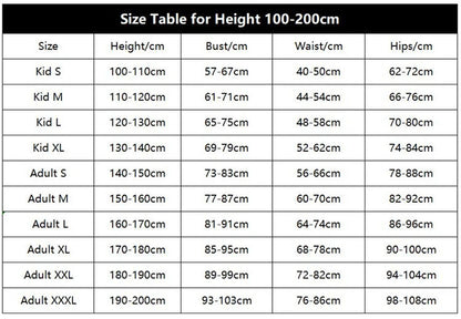 Size chart for Gwen Stacy cosplay costume for women with measurements for height, bust, waist, and hips