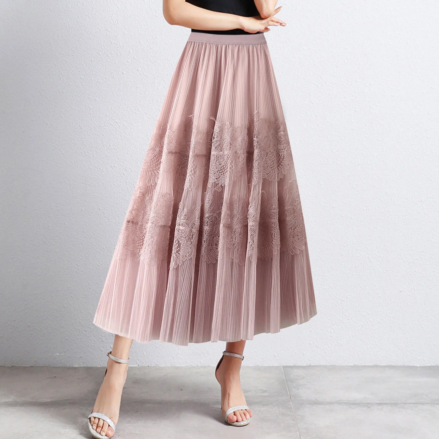 Women Mid Length Skirts Dance Party A Line High Waisted Lace Tulle Skirt Pleated Mesh Half Skirts Holiday Party Costumes