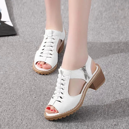 Comemore 2021 New Women's Square Heel Summer Shoes Leather Zip Gladiator Sandals Medium Heel Zip Platform Sandals High Heels 43