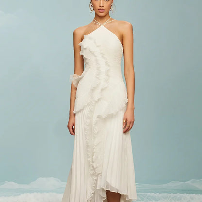 Chic pleated halter neck long vacation dress high quality purple strapless Lotus Edge Maxi Dress 2025 New Lady Vacation Gowns