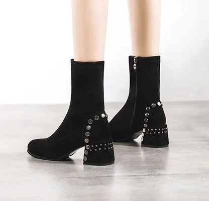 Mid Calf Round Toe Black Shoes For Women Ladies Boots Biker Footwear Studded Half High Gothic Hot Stylish And Low Price Pu