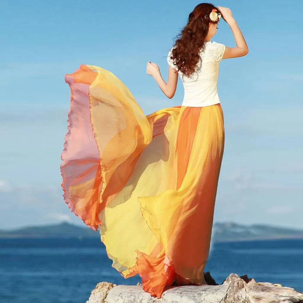 Floor Length Skirt Fashion Full Flowing Circle Color Women Chiffon Bohemian Styel Large Swing Sheer Breath Skirt for Cocktail