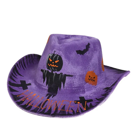 Purple Halloween cowboy hat for adults with spooky designs and festive accents