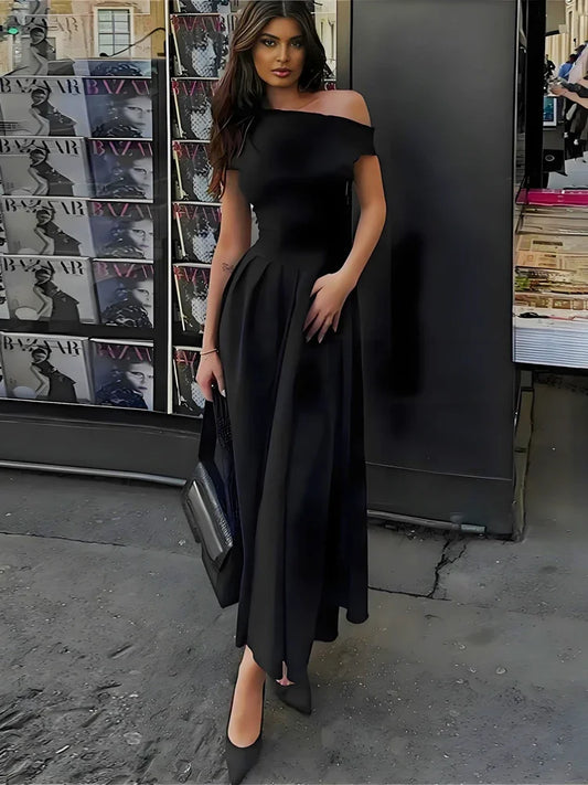 Black Off-Shoulder Autumn Long Dress For Women High Waist Patchwork Slim Sexy One-Shoulder Party Dress Female Maxi Dress