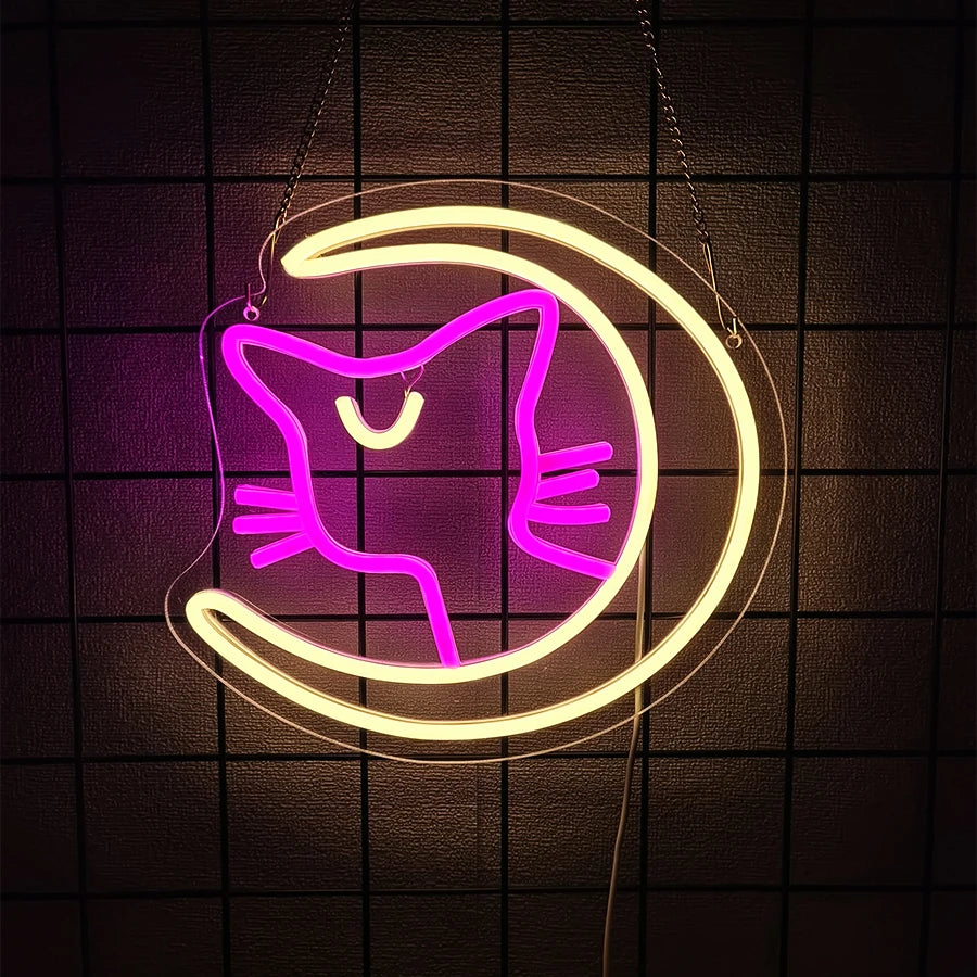Cool Cat with Glasses Neon Sign for Wall Decor, Moon Cat USB  LED Neon Light Sign for Preppy Room Birthday Party Decoration