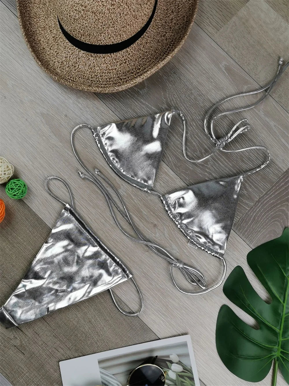 Sexy String Bikini Triangle Swimsuit Goth Silver Y2K Swimwear Women Backless Bathing Suit Micro Extreme Tanga mujer Beach Outfit