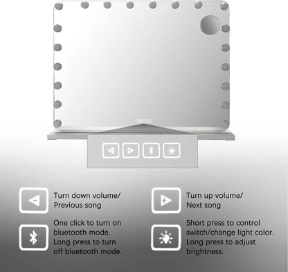 Hollywood Make-Up Mirror with Lighting 20 LED,Bluetooth Player, 80x60cm Large Cosmetic Mirror with 3 Dimmer Light ,USB,Touch