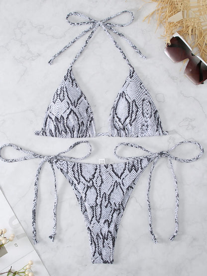 Snake Print 2-piece Swimsuit for Women,2024 New Triangle Bikini,summer Beach Vacation Suspender Backless Lace-up Bathing Suit
