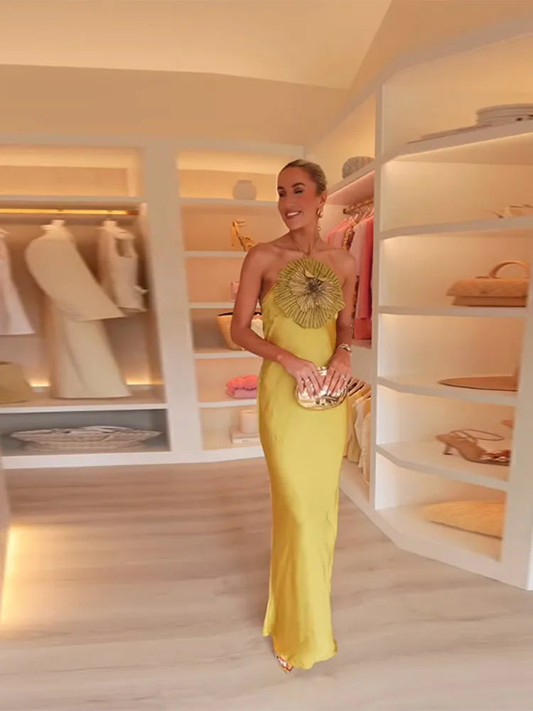 Elegant Party Women's Dress 3D Flower Halter Sleeveless Backless Mermaid Satin Female Dresses 2025 Summer Chic Evening Lady Robe