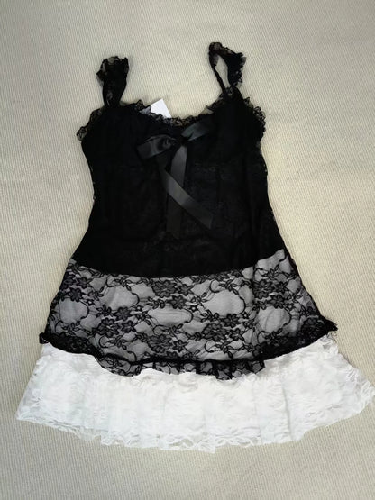 Aesthetic Vintage Lace Slim Dress Women Gothic Sexy Y2k Lace Up Cardigan Women High Street Hot Girl Off Shoulder Sling Dresses