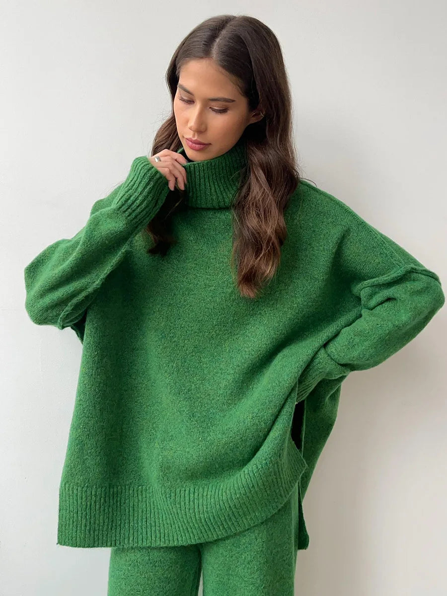 Bornladies Women's Autumn Winter Turtleneck Sweater Pants Set Loose Casual Knitted Sweater  Thicke Loose Pullover 2 Pieces Sets