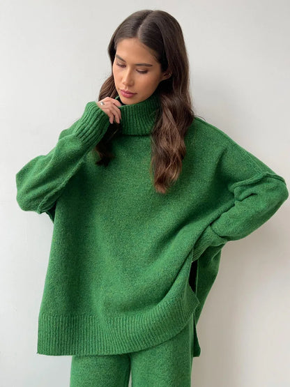 Bornladies Women's Autumn Winter Turtleneck Sweater Pants Set Loose Casual Knitted Sweater  Thicke Loose Pullover 2 Pieces Sets