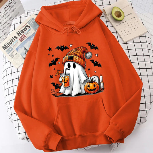 Halloween Ghost Pumpkin Bat Hoodies For Women Fashion Hooded Pullover Teens Casual Long Sleeves Halloween Sweatshirts
