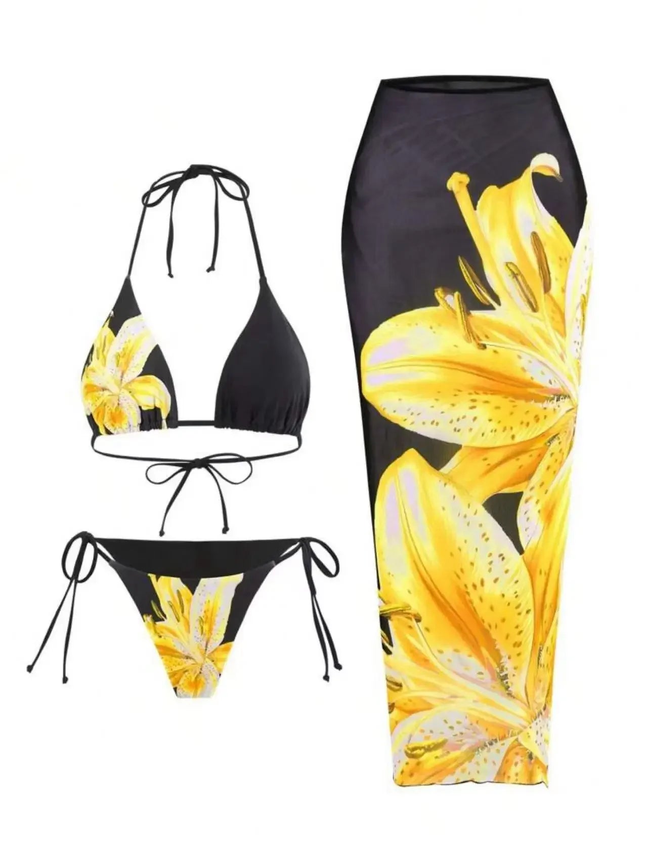 Sexy Print Three-piece Swimsuit Set Charms Lilies Limited Edition Bikini Set Attractiveness Sensuality Fashionable Women's Wear