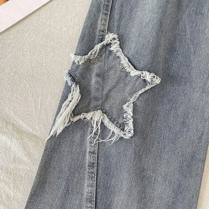 1pcs Streetwear Blue Stars Korean Fashion Denim Y2k Vintage Clothes Women Straight Leg High Waist Jeans