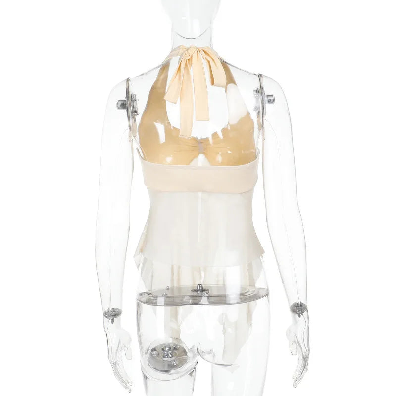 Absobe Halter Tie-Back Sheer Mesh Patchwork With Metal Accents Tank Top Backless Y2K Vest For Women Chic Streetwear Blouse