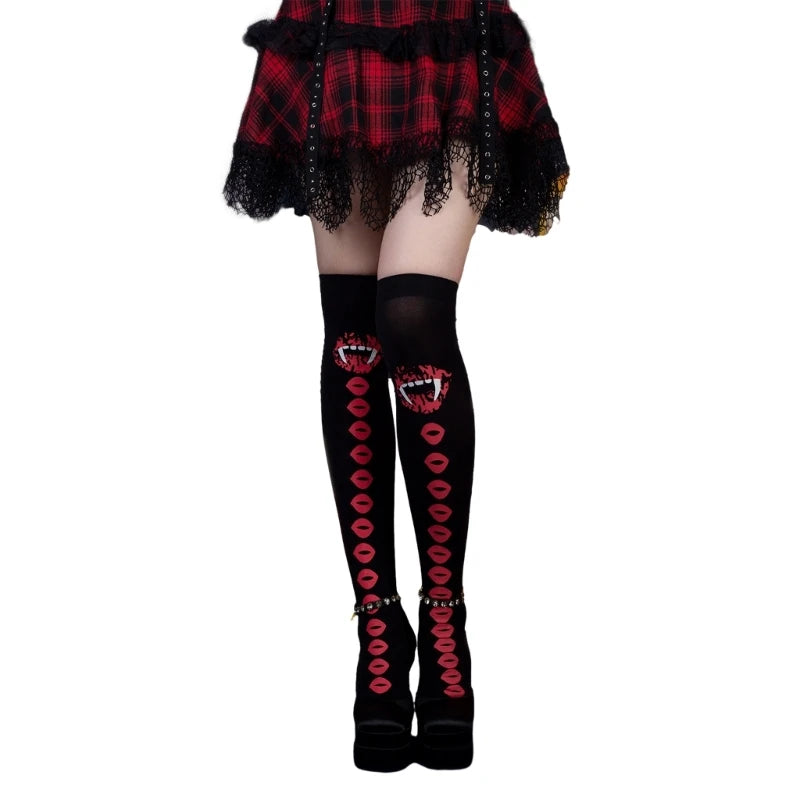 EtherealBe two-toned Halloween tights for women with playful lip and fang design, perfect for spooky festivities